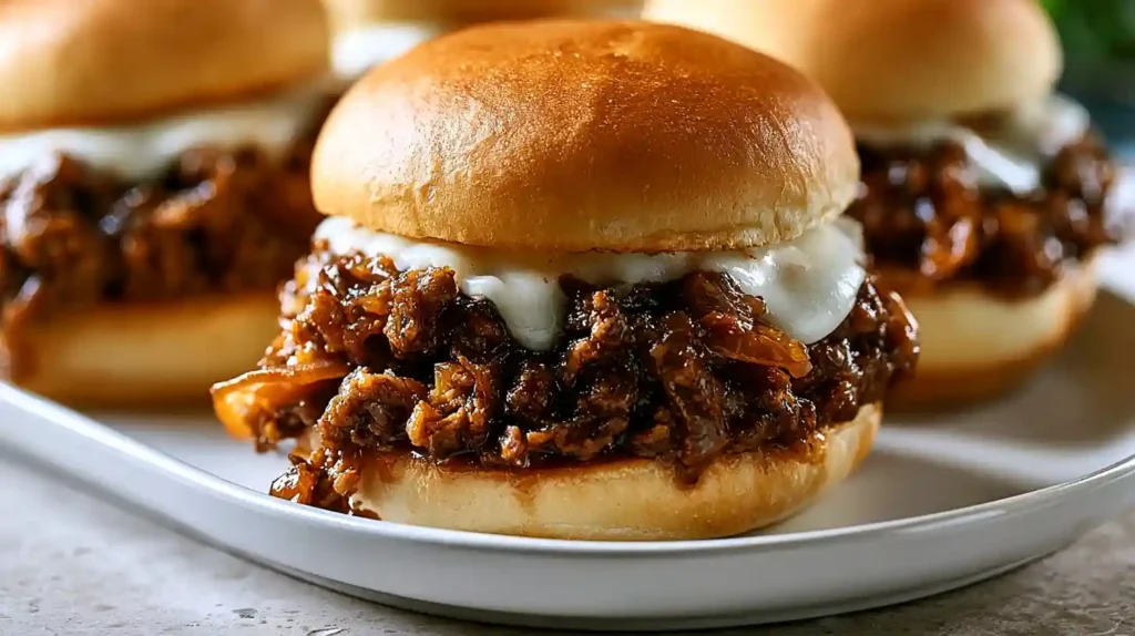 Irresistible French Onion Beef Sloppy Joes with caramelized onions ground beef Swiss cheese and crusty hamburger buns drizzled with Worcestershire and soy sauce