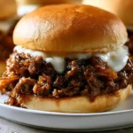 Irresistible French Onion Beef Sloppy Joes with caramelized onions ground beef Swiss cheese and crusty hamburger buns drizzled with Worcestershire and soy sauce