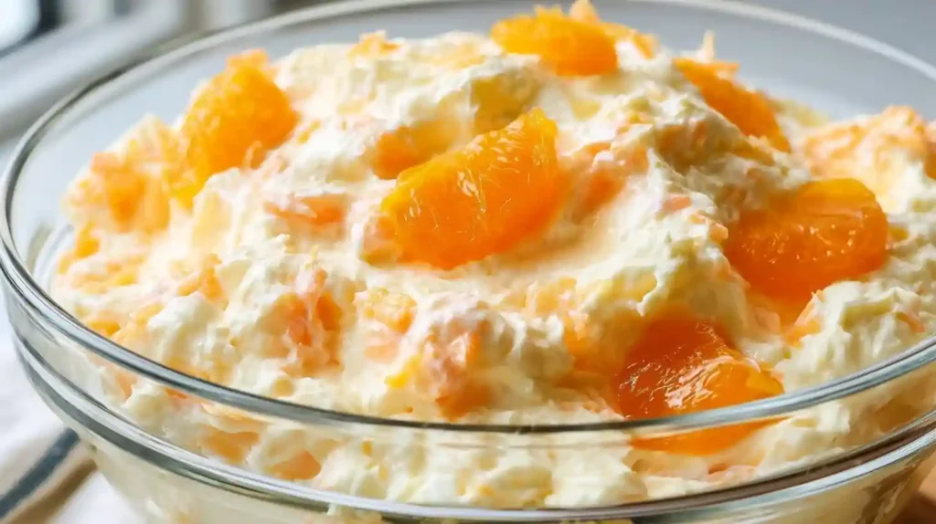 Mandarin Orange Jello Salad with fluffy orange gelatin whipped topping mandarin orange segments and a creamy pastel orange texture in a glass serving bowl