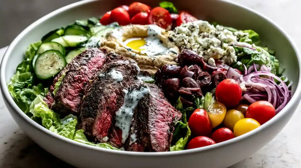Mediterranean Steak Bowl Recipe with a bed of fluffy couscous or herb rice topped with grilled steak strips creamy hummus crisp cucumber cherry tomatoes pickled onions olives feta and creamy tzatziki sauce