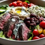 Mediterranean Steak Bowl Recipe with a bed of fluffy couscous or herb rice topped with grilled steak strips creamy hummus crisp cucumber cherry tomatoes pickled onions olives feta and creamy tzatziki sauce