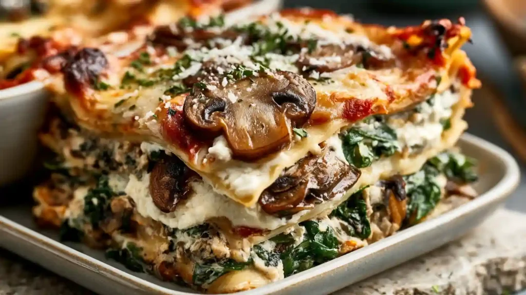 Mushroom and Spinach Lasagna with creamy white sauce spinach cremini mushrooms lasagna noodles and mozzarella cheese baked golden in a white dish