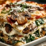 Mushroom and Spinach Lasagna with creamy white sauce spinach cremini mushrooms lasagna noodles and mozzarella cheese baked golden in a white dish