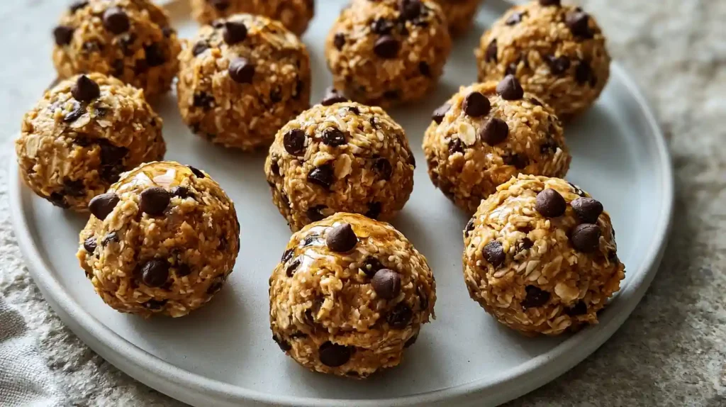 No-Bake Peanut Butter Energy Bites with round oat peanut butter snack balls studded with chocolate chips in a white bowl