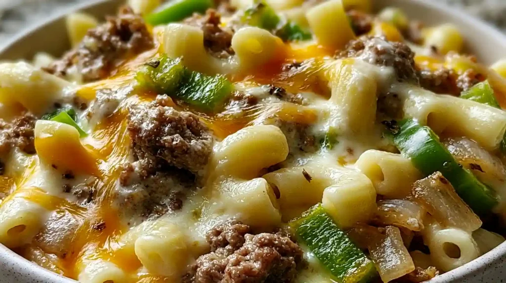 Philly Cheesesteak Pasta with a creamy cheesy sauce sliced steak bell peppers onions mushrooms and cavatappi or penne pasta in a skillet topped with provolone and Parmesan