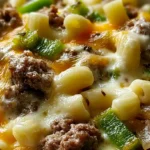 Philly Cheesesteak Pasta with a creamy cheesy sauce sliced steak bell peppers onions mushrooms and cavatappi or penne pasta in a skillet topped with provolone and Parmesan