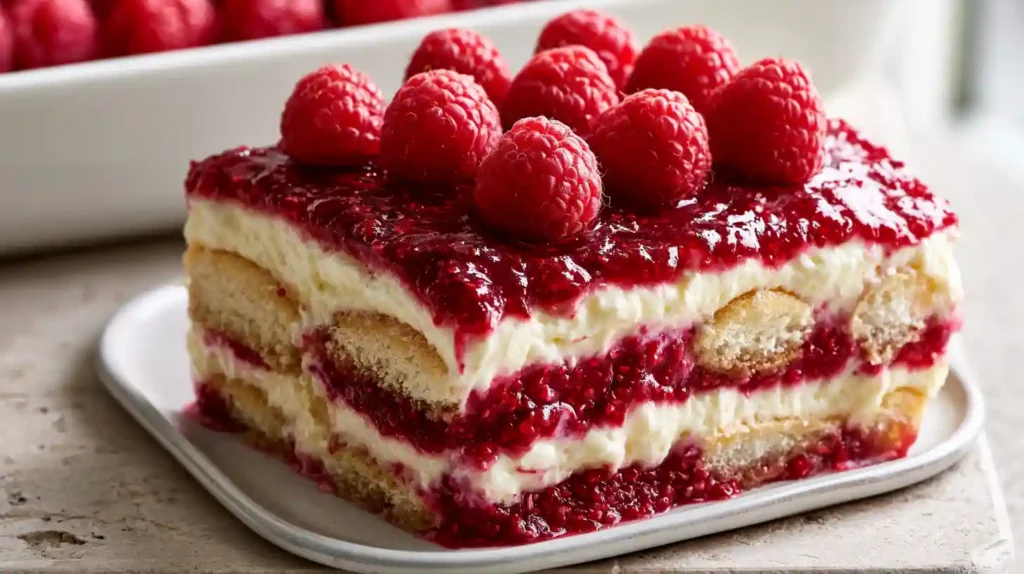 Raspberry Tiramisu with layers of mascarpone cream berry-soaked ladyfingers and fresh raspberries topped with a light dusting of powdered sugar