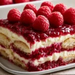 Raspberry Tiramisu with layers of mascarpone cream berry-soaked ladyfingers and fresh raspberries topped with a light dusting of powdered sugar