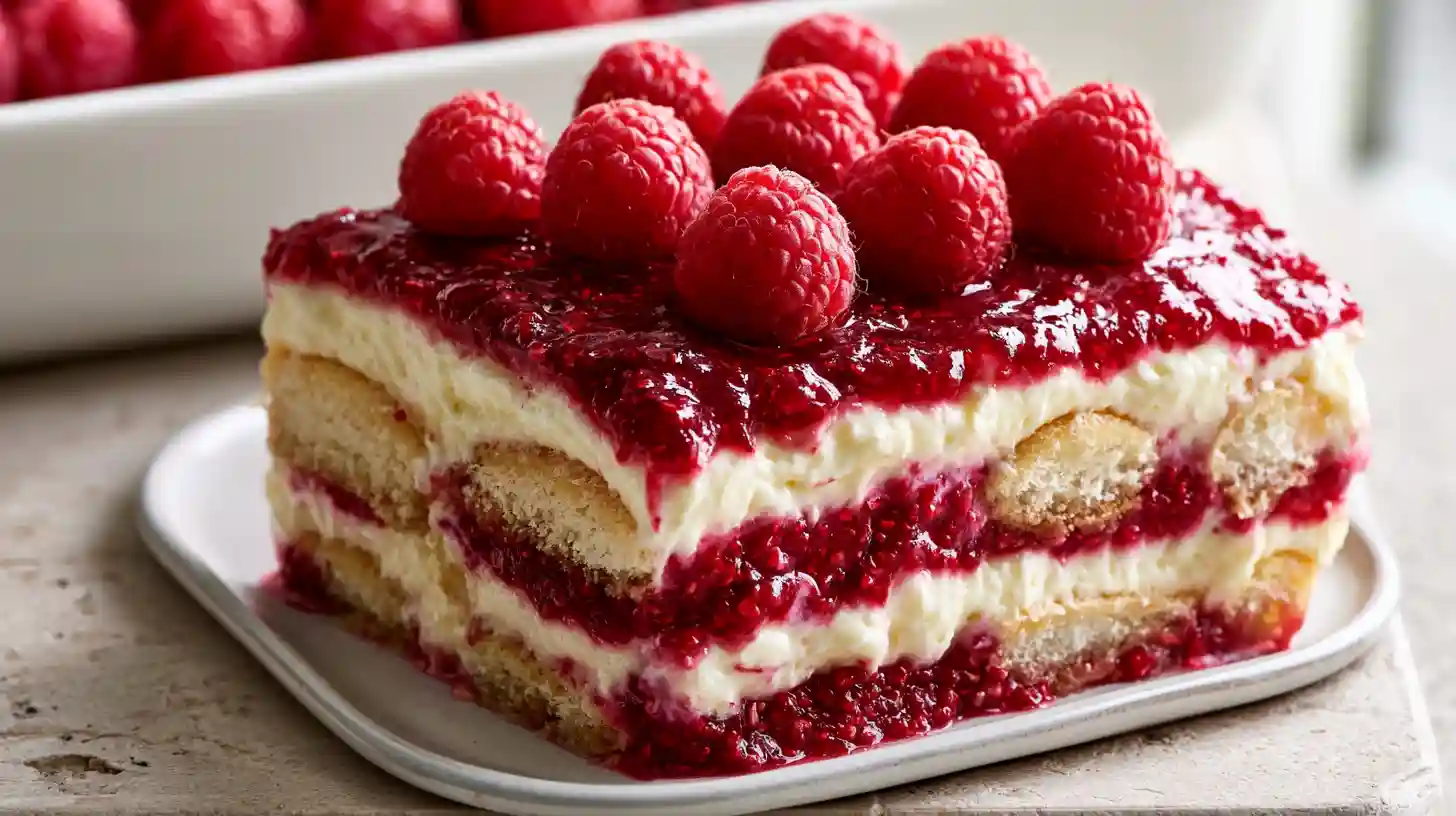 Raspberry Tiramisu with layers of mascarpone cream berry-soaked ladyfingers and fresh raspberries topped with a light dusting of powdered sugar