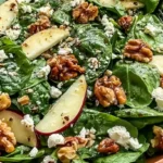 Spinach Salad with Apples Walnuts and Feta topped with thinly sliced red apple toasted walnuts crumbled feta cheese and dried cranberries in a maple Dijon vinaigrette