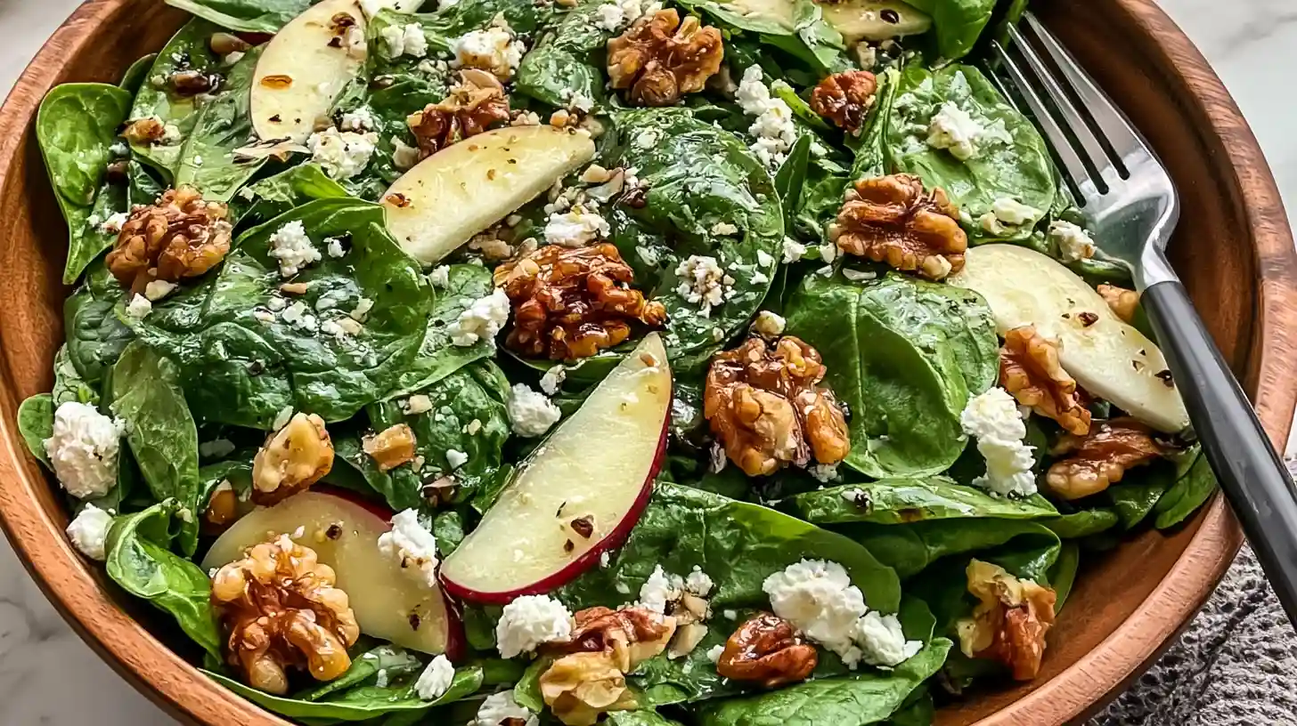 Spinach Salad with Apples Walnuts and Feta topped with thinly sliced red apple toasted walnuts crumbled feta cheese and dried cranberries in a maple Dijon vinaigrette