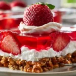 Strawberry Pretzel Salad with a salty pretzel crust creamy whipped cream cheese layer and bright strawberry Jell-O topping garnished with fresh strawberries