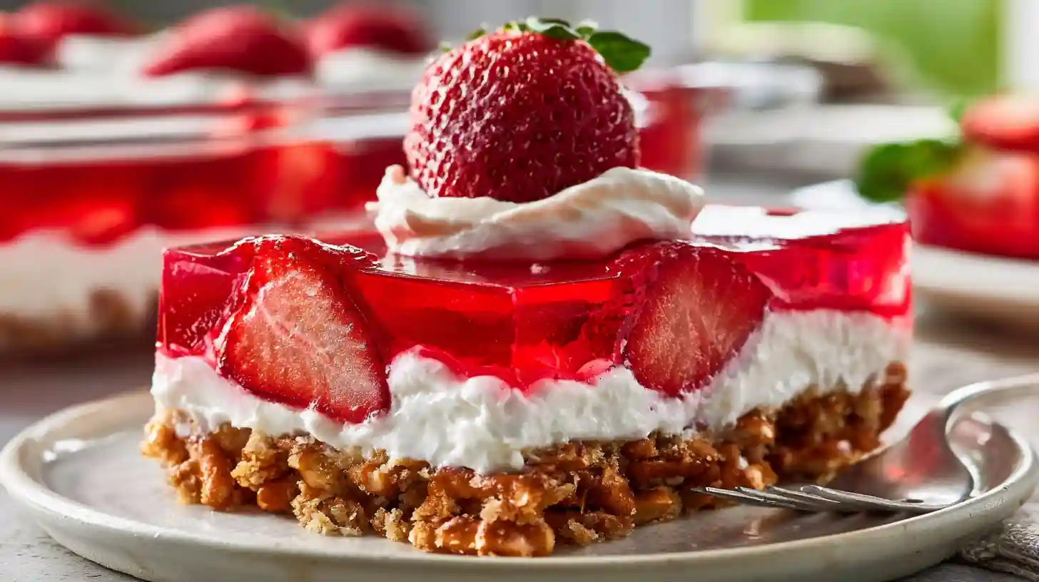 Strawberry Pretzel Salad with a salty pretzel crust creamy whipped cream cheese layer and bright strawberry Jell-O topping garnished with fresh strawberries
