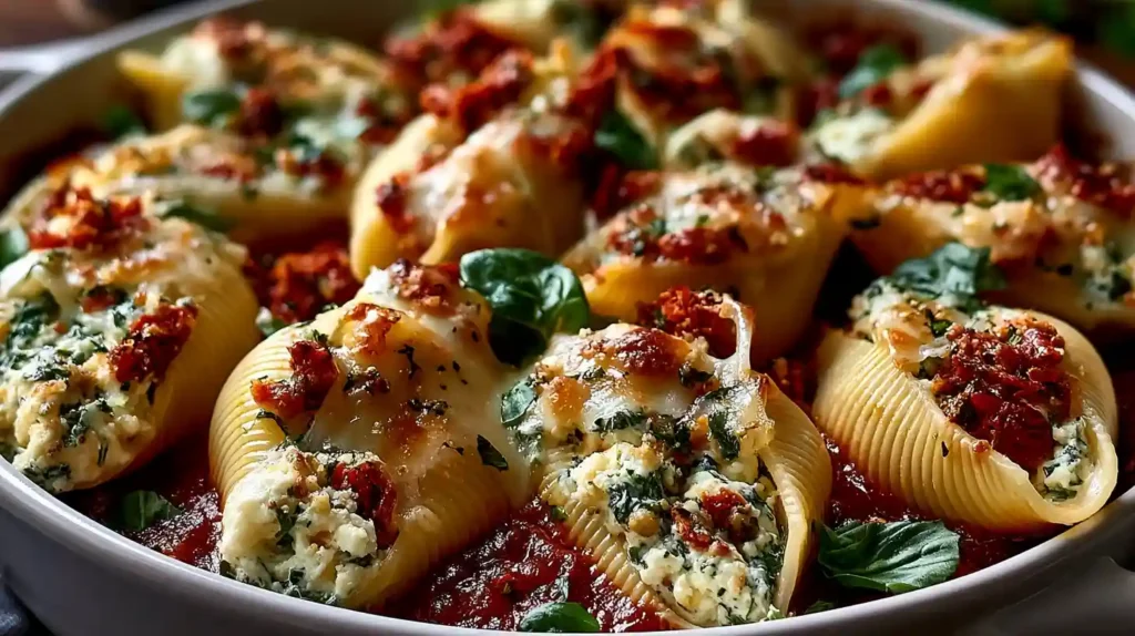 Sun-Dried Tomato and Ricotta Stuffed Shells with jumbo pasta shells filled with creamy ricotta spinach mozzarella and chopped sun-dried tomatoes baked in tomato sauce until golden
