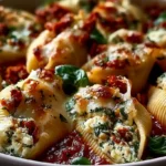 Sun-Dried Tomato and Ricotta Stuffed Shells with jumbo pasta shells filled with creamy ricotta spinach mozzarella and chopped sun-dried tomatoes baked in tomato sauce until golden