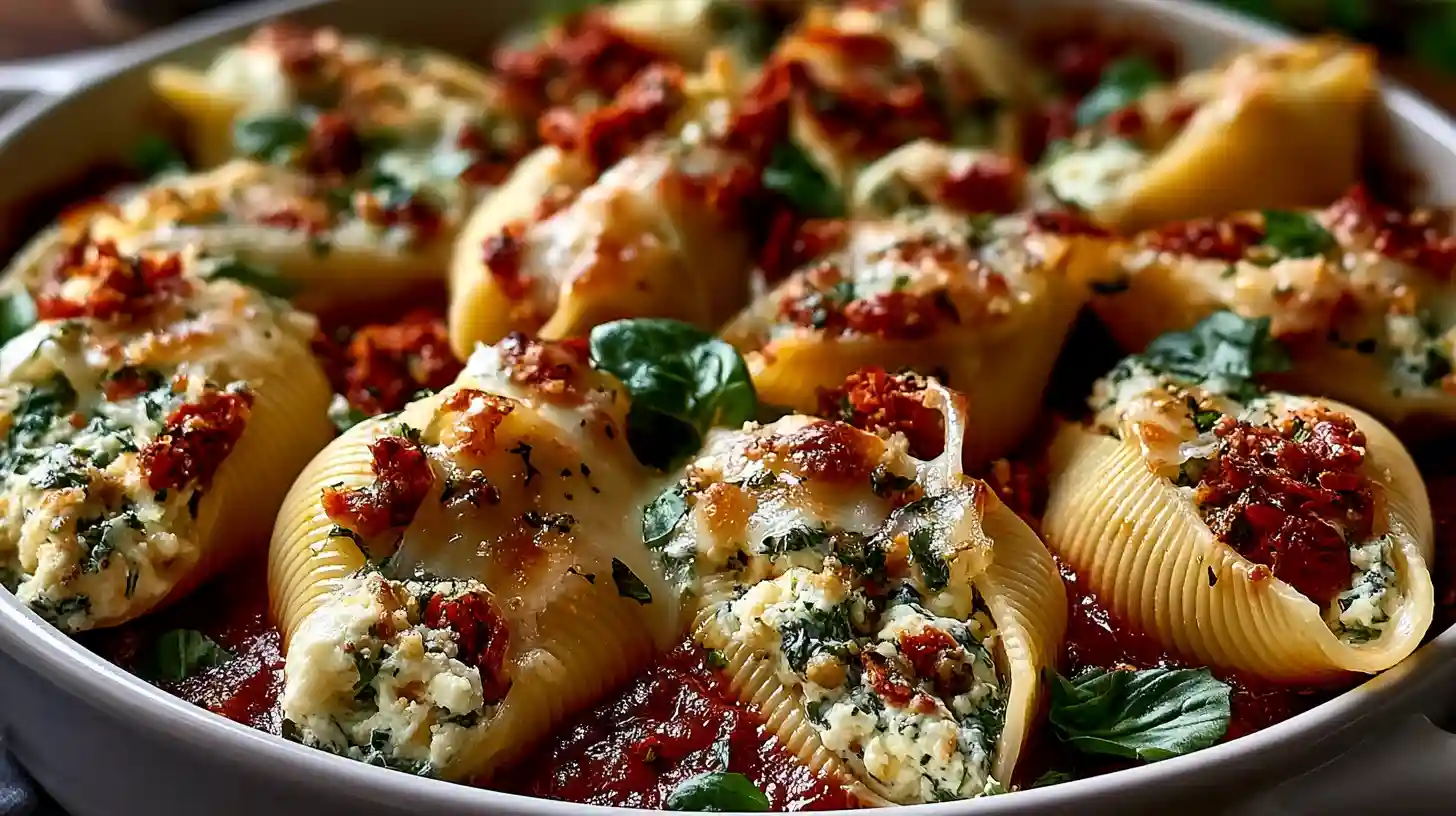 Sun-Dried Tomato and Ricotta Stuffed Shells with jumbo pasta shells filled with creamy ricotta spinach mozzarella and chopped sun-dried tomatoes baked in tomato sauce until golden