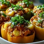 Teriyaki Pineapple Chicken and Rice Stuffed Peppers with bell pepper halves filled with teriyaki chicken rice pineapple chunks and melted mozzarella topped with green onions