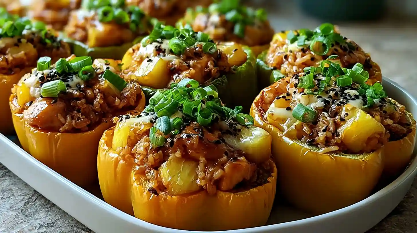 Teriyaki Pineapple Chicken and Rice Stuffed Peppers with bell pepper halves filled with teriyaki chicken rice pineapple chunks and melted mozzarella topped with green onions