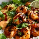 Teriyaki Shrimp Rice Bowls with glazed shrimp, jasmine rice, avocado, carrots, and sesame seeds, drizzled with spicy mayo.