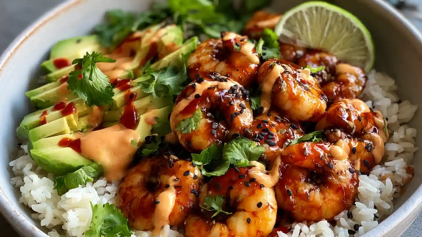Teriyaki Shrimp Rice Bowls with glazed shrimp, jasmine rice, avocado, carrots, and sesame seeds, drizzled with spicy mayo.