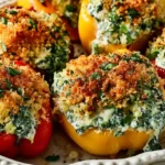 Tuscan Ricotta Stuffed Peppers with roasted bell pepper halves filled with creamy ricotta spinach parmesan and fresh herbs topped with breadcrumbs and baked until golden