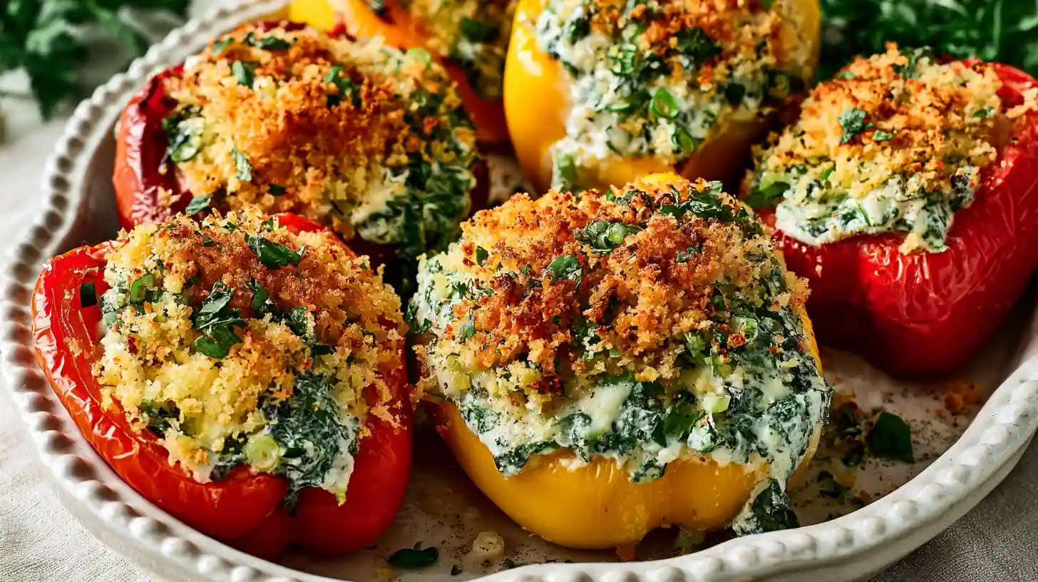 Tuscan Ricotta Stuffed Peppers with roasted bell pepper halves filled with creamy ricotta spinach parmesan and fresh herbs topped with breadcrumbs and baked until golden