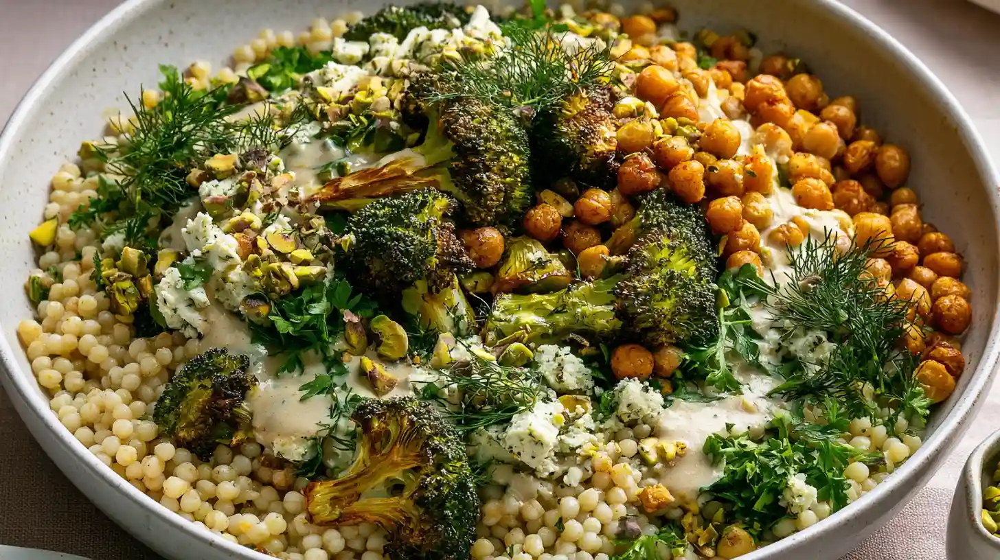 Warm Broccoli Couscous Salad with roasted broccoli couscous chickpeas fresh herbs pistachios and feta in a large serving bowl
