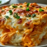 Cheesy Buffalo Ranch Chicken Lasagna for Game Day in a baking dish, topped with melted cheese, buffalo sauce, and chopped green onions.