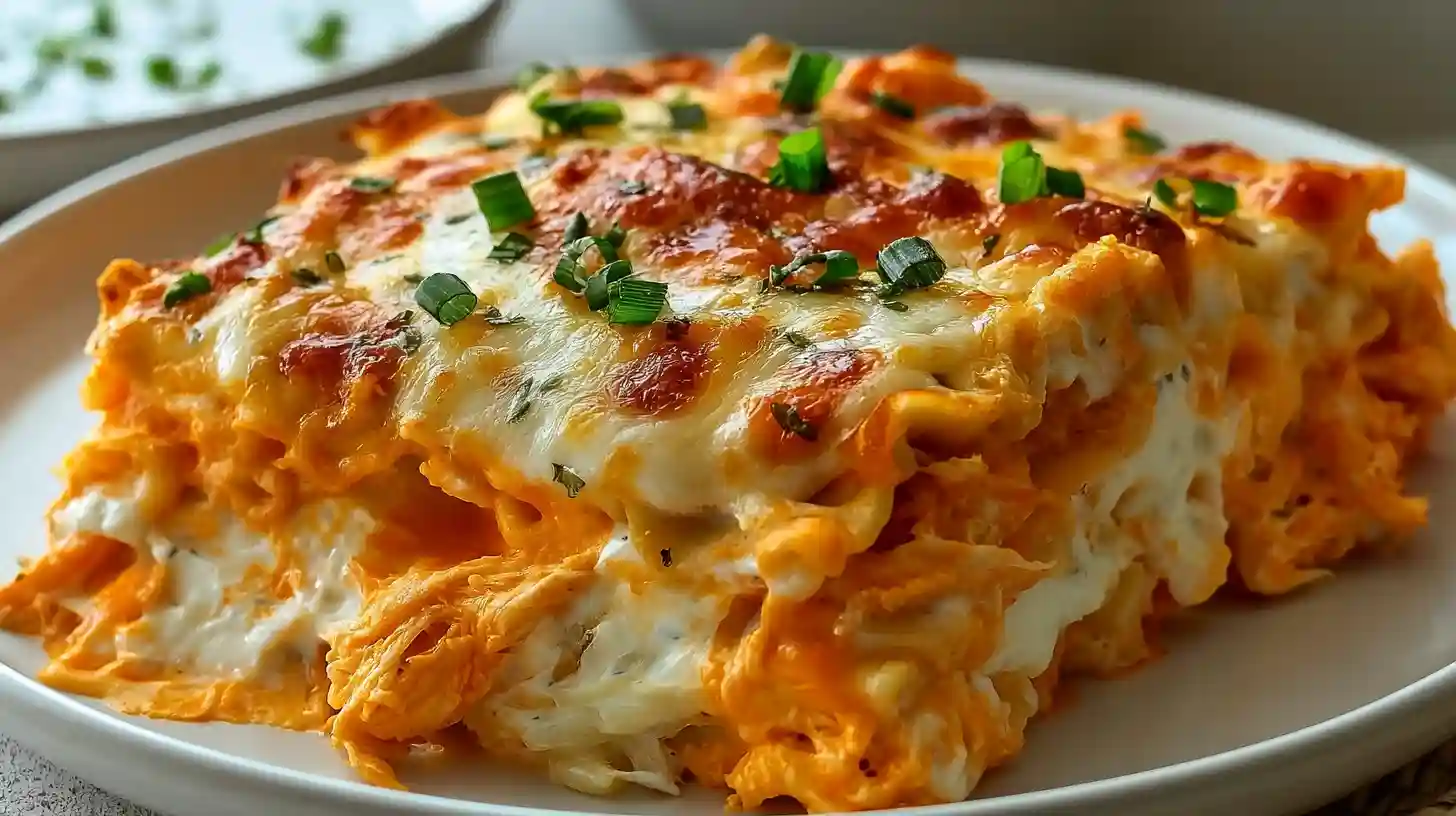 Cheesy Buffalo Ranch Chicken Lasagna for Game Day in a baking dish, topped with melted cheese, buffalo sauce, and chopped green onions.