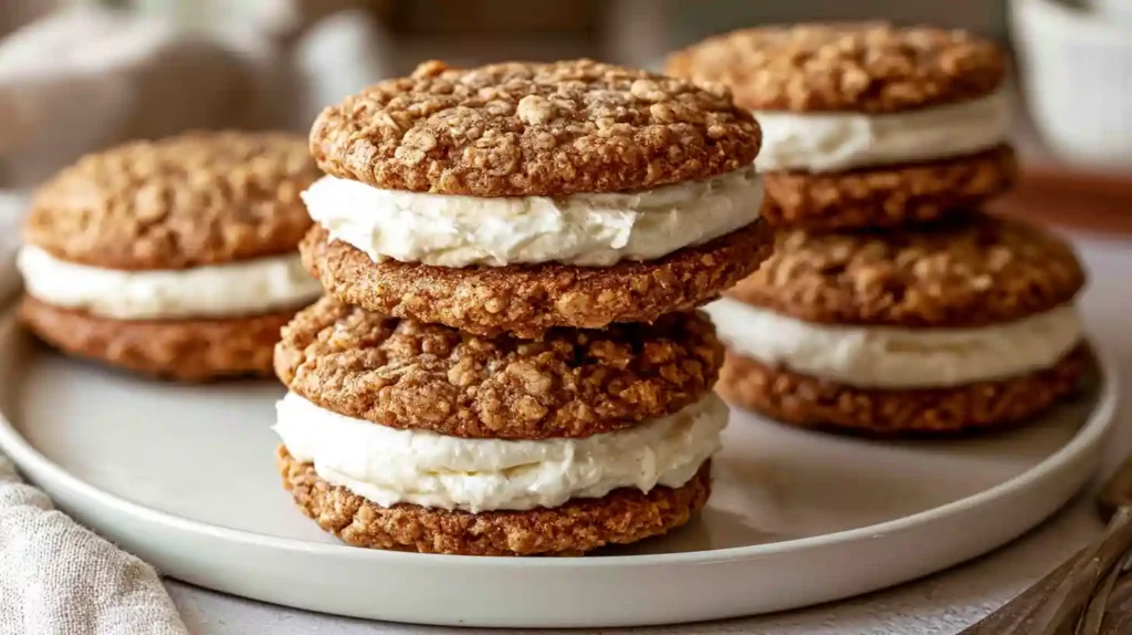 Homemade Oatmeal Cream Pies stacked on a plate, with soft chewy oatmeal cookies and fluffy cream filling.