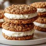 Homemade Oatmeal Cream Pies stacked on a plate, with soft chewy oatmeal cookies and fluffy cream filling.