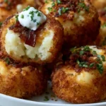 Loaded Mashed Potato Bites topped with melted cheddar, crispy bacon, sour cream, and chopped chives on a serving platter.