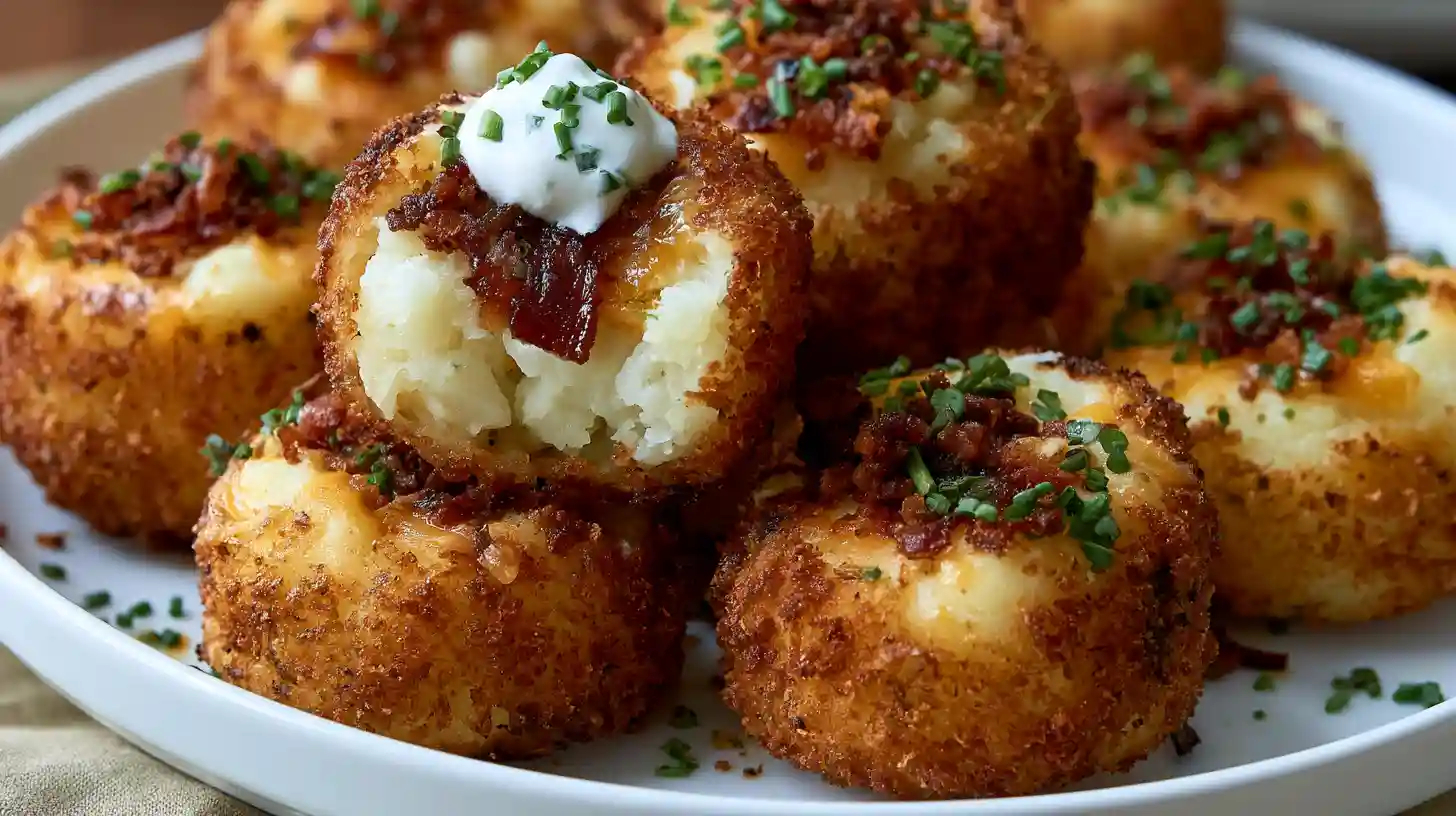 Loaded Mashed Potato Bites topped with melted cheddar, crispy bacon, sour cream, and chopped chives on a serving platter.