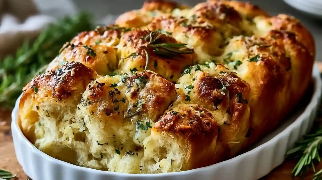 Rosemary garlic pull apart bread baked golden brown with buttery herb layers and melted cheese between soft dough pieces.