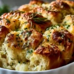 Rosemary garlic pull apart bread baked golden brown with buttery herb layers and melted cheese between soft dough pieces.