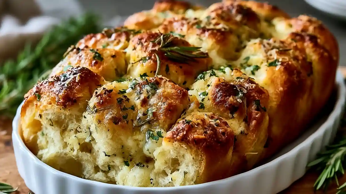 Rosemary garlic pull apart bread baked golden brown with buttery herb layers and melted cheese between soft dough pieces.