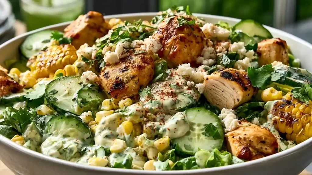 Street Corn Creamy Cucumber Chicken Salad for Summer in a bowl with shredded chicken, cucumber, corn, cilantro, red onion, and creamy dressing.