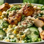 Street Corn Creamy Cucumber Chicken Salad for Summer in a bowl with shredded chicken, cucumber, corn, cilantro, red onion, and creamy dressing.