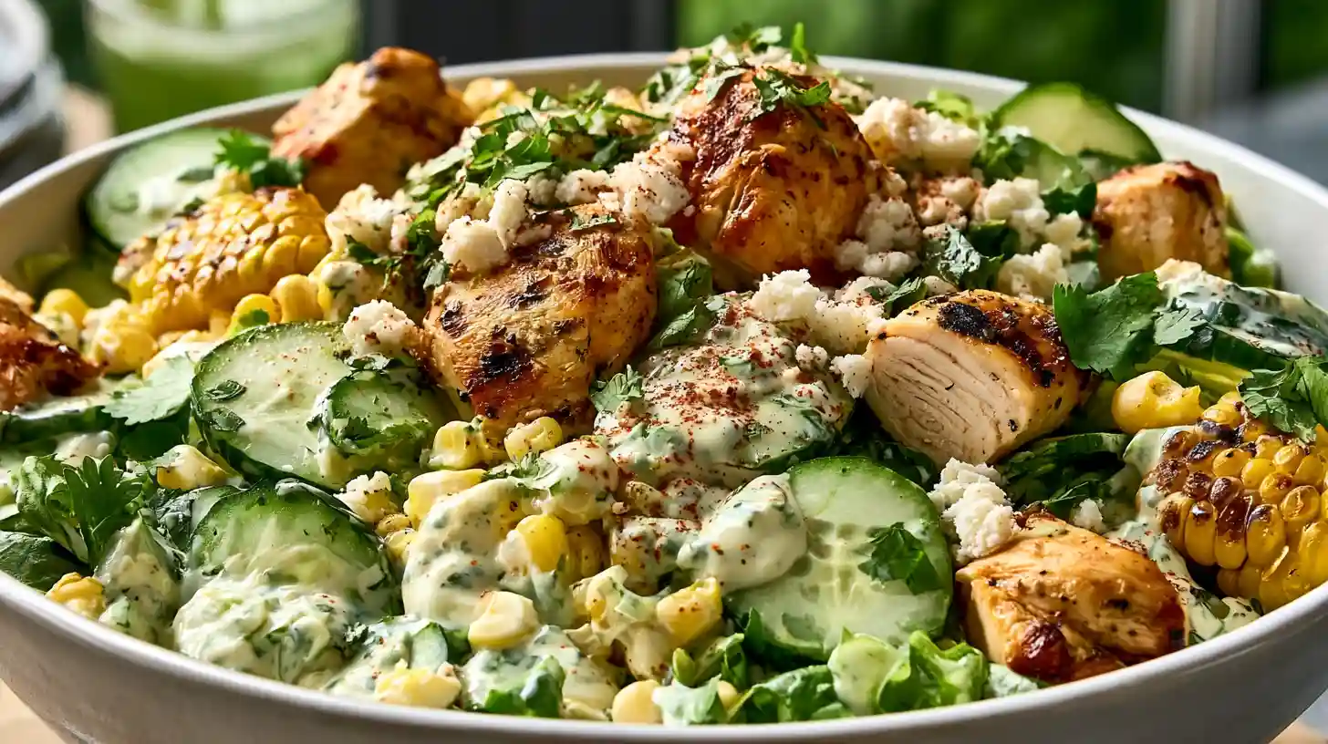 Street Corn Creamy Cucumber Chicken Salad for Summer in a bowl with shredded chicken, cucumber, corn, cilantro, red onion, and creamy dressing.
